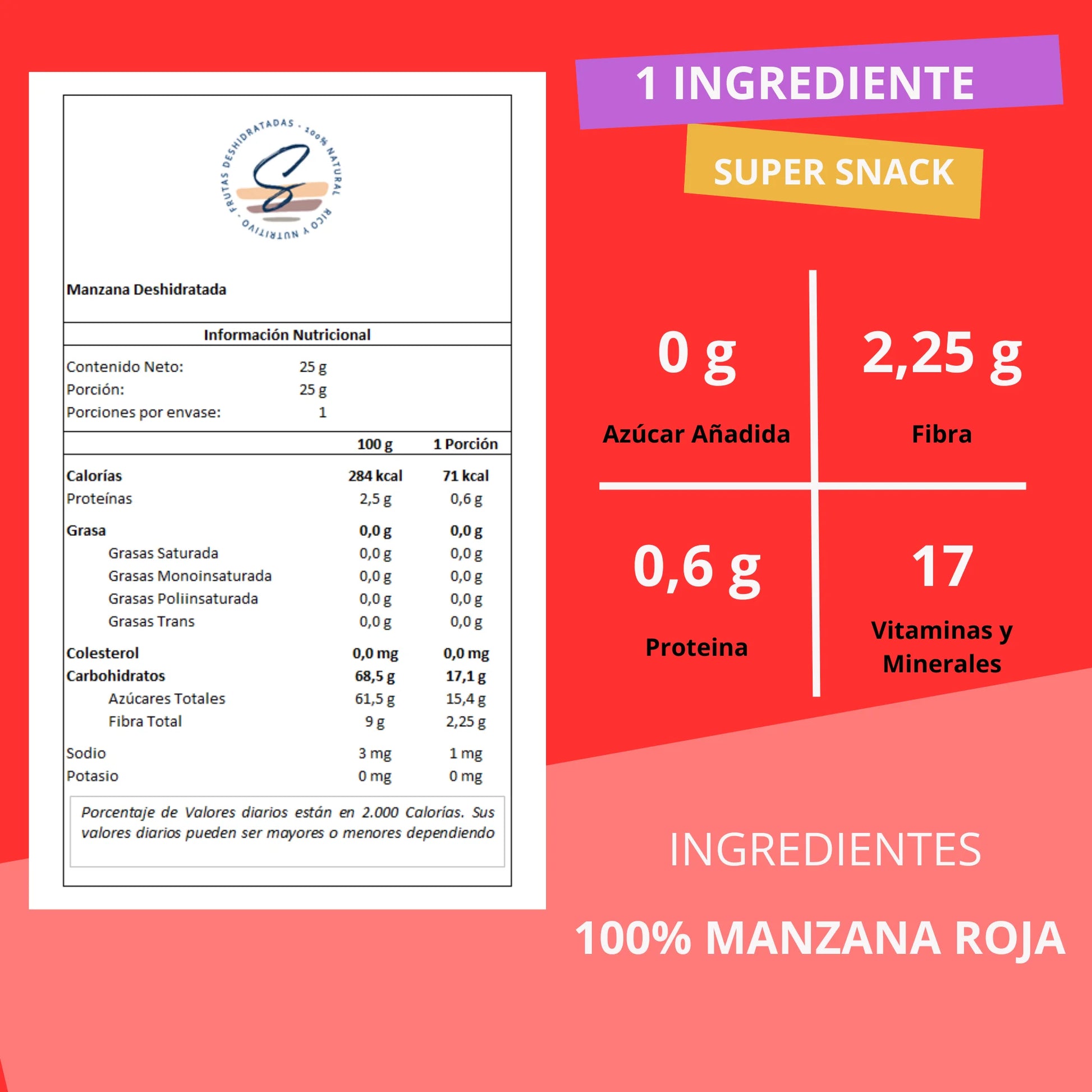 Snack Manzana Roja Deshidratada - Secos Chile