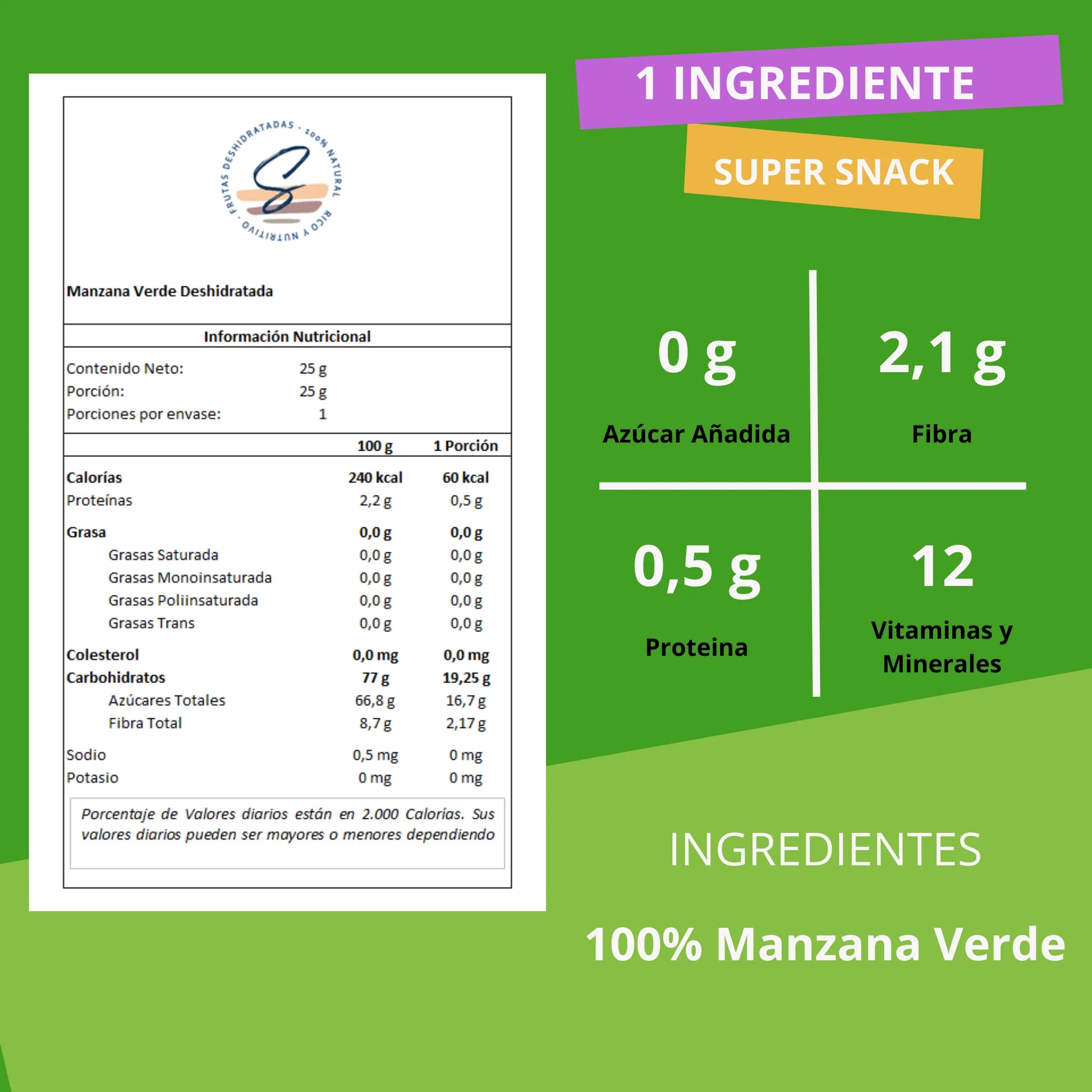 Snack Manzana Verde Deshidratada - Secos Chile